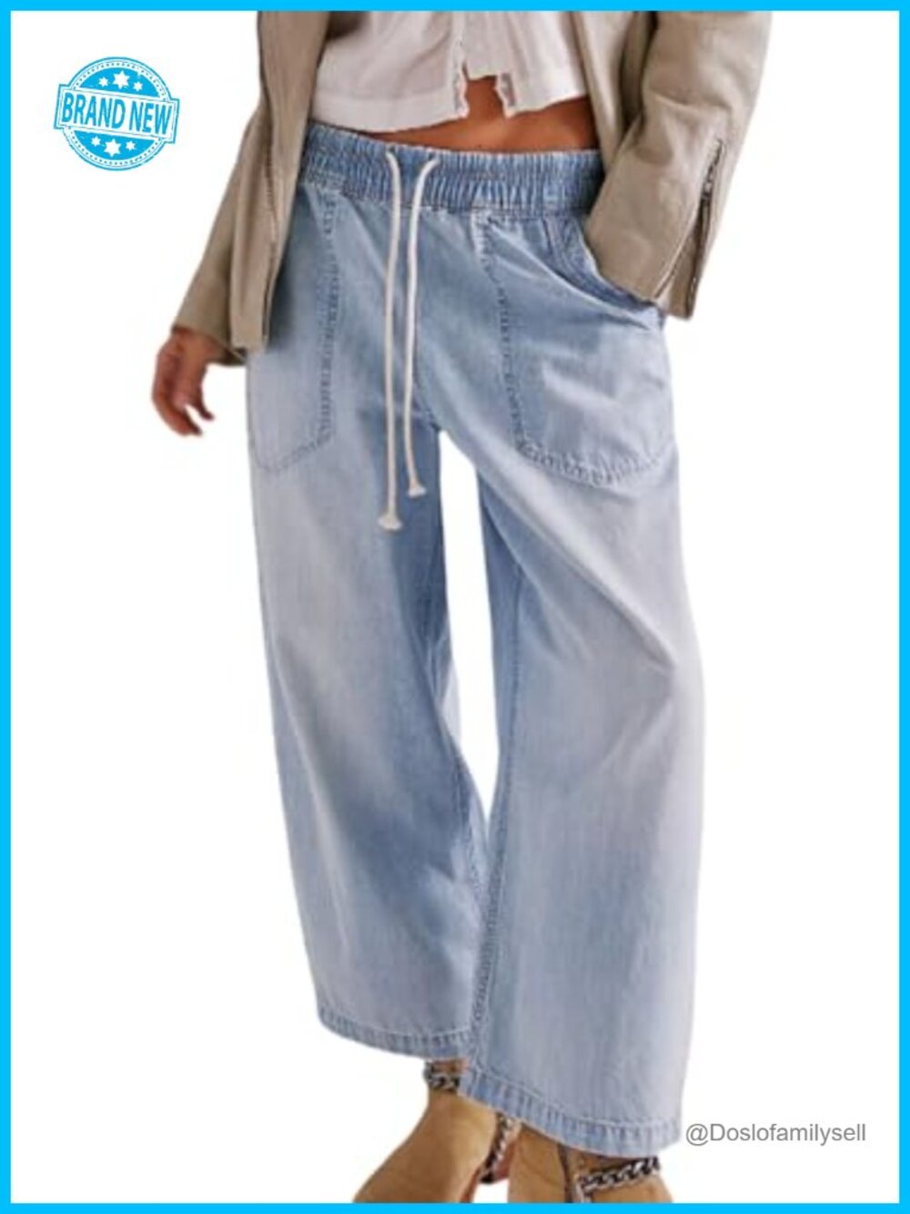 Women Baggy Boyfriend Jeans Elastic Low Rise Wide Leg Cropped Denim Pants
